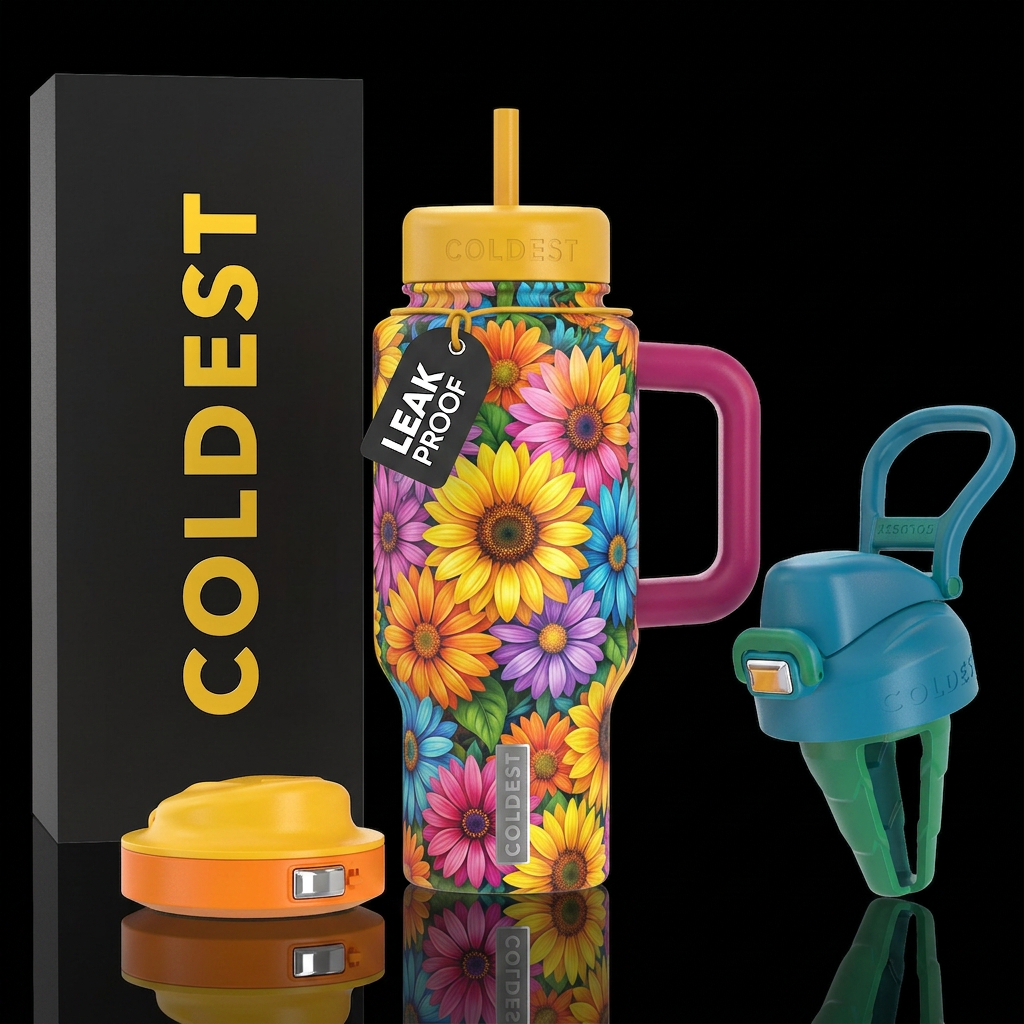 Multicolored daisys and sunflowers water bottle design