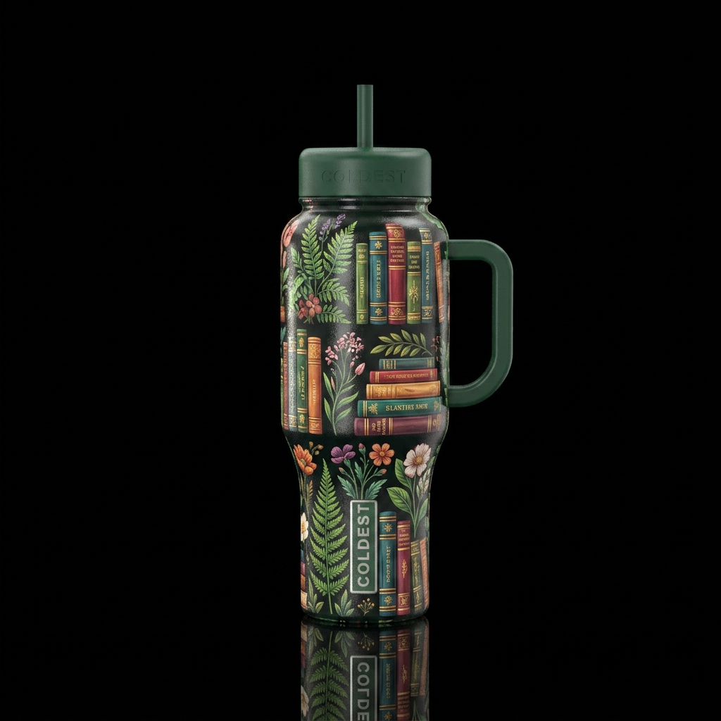 Botanical book shelf water bottle design