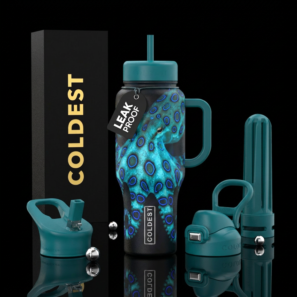 Blue ring octopus water bottle design