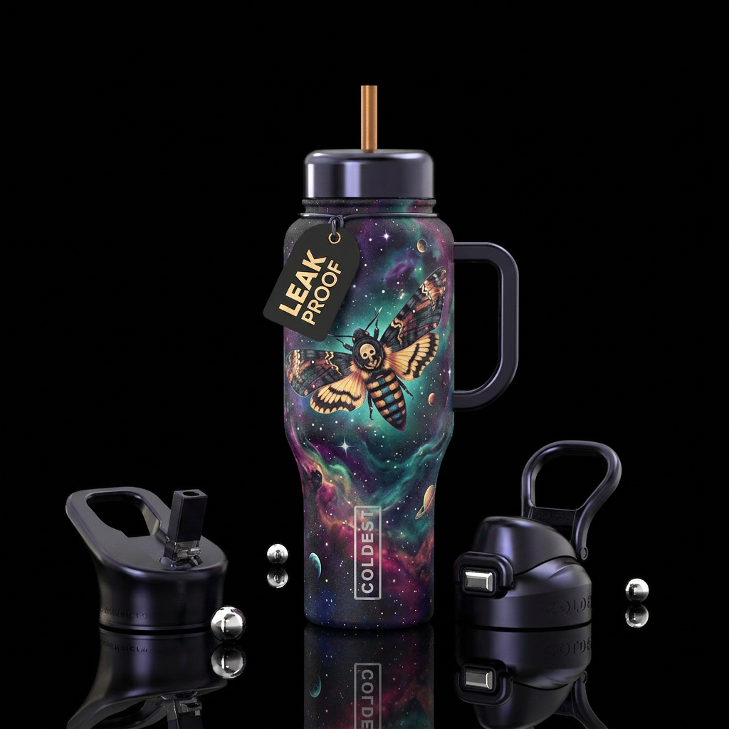 Death moth moving through space water bottle design