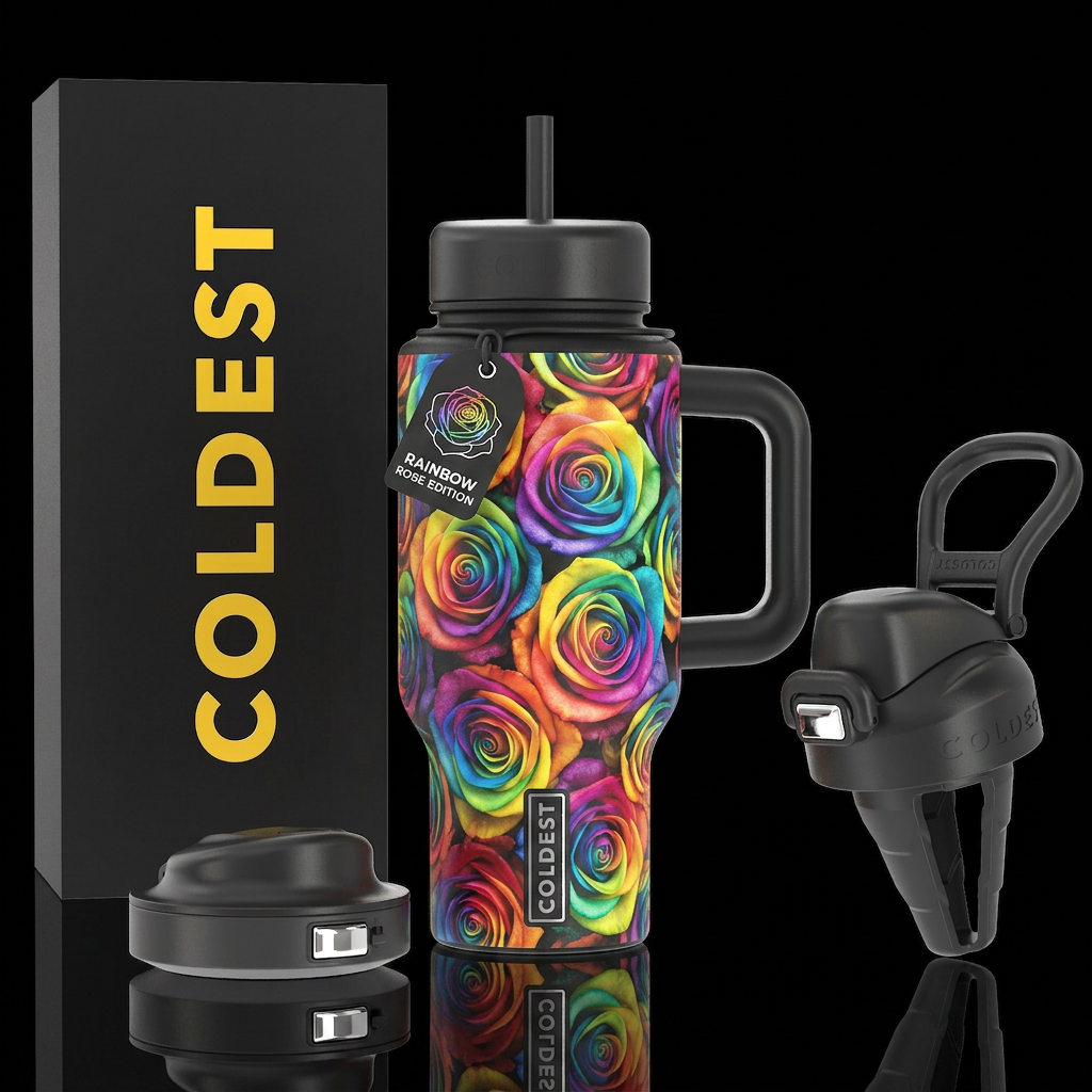 Rainbow roses black lids black handles water bottle design