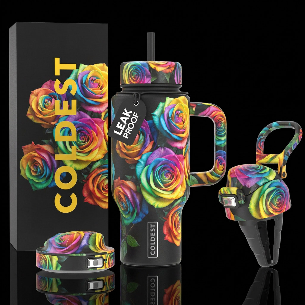 Rainbow roses black lids black handles water bottle design