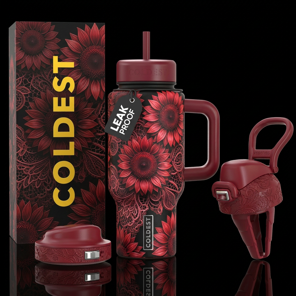 Red Sunflowers and lace water bottle design
