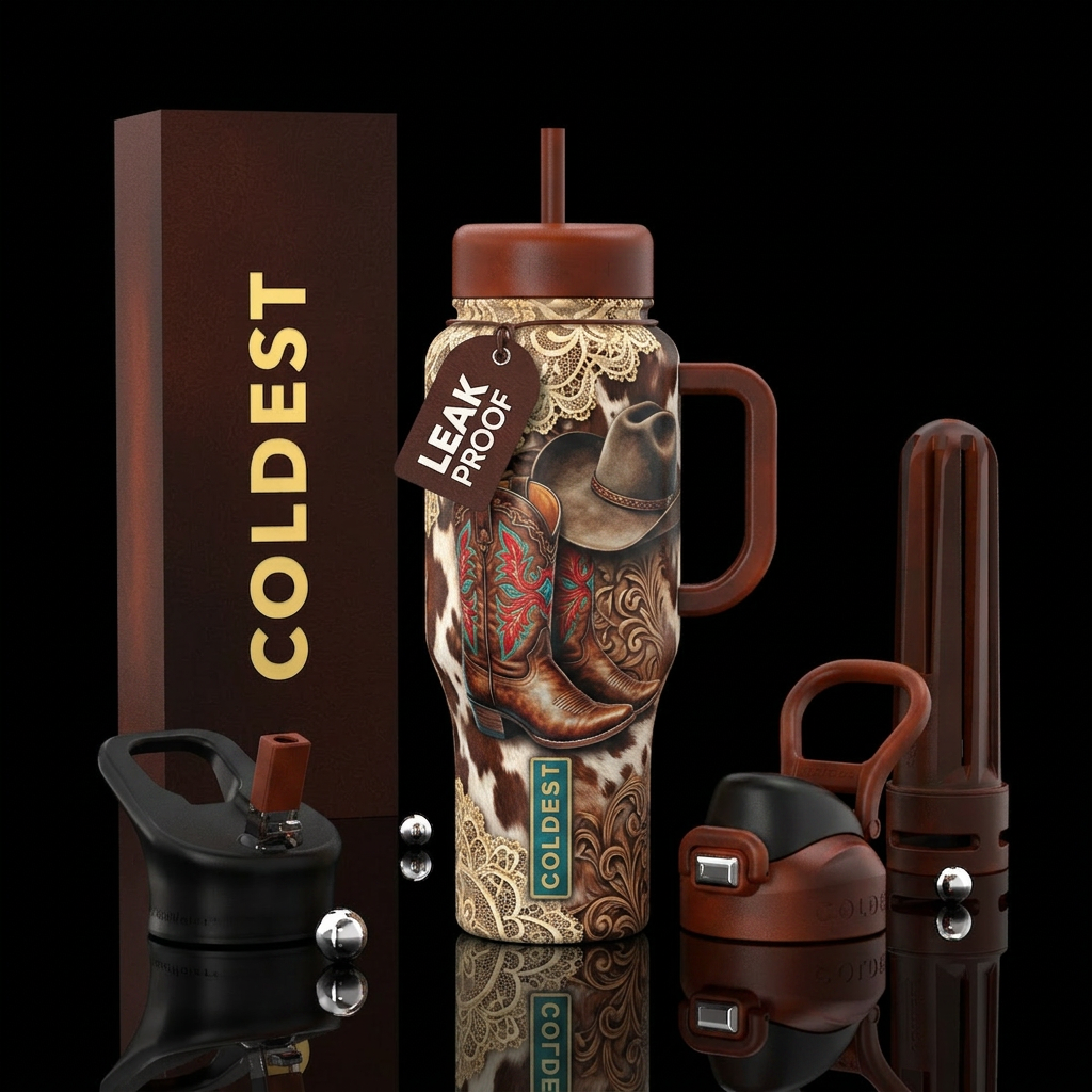 Cowgirl boots, hat and lace water bottle design