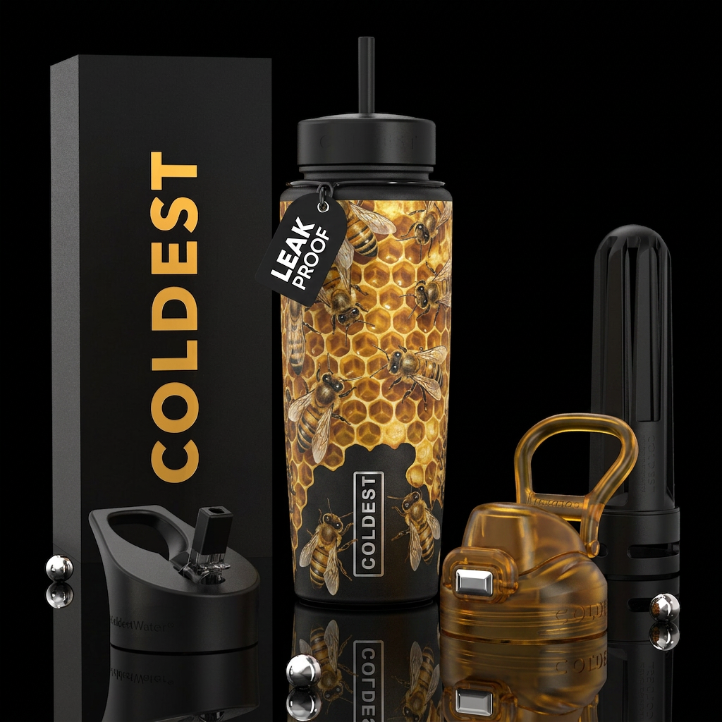Realistic bees and honey comb water bottle design