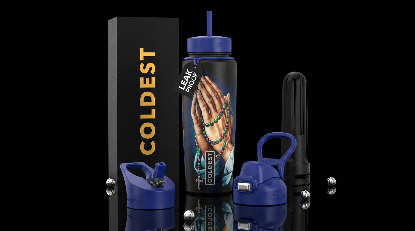 Rosary rapped between prayers hands water bottle design