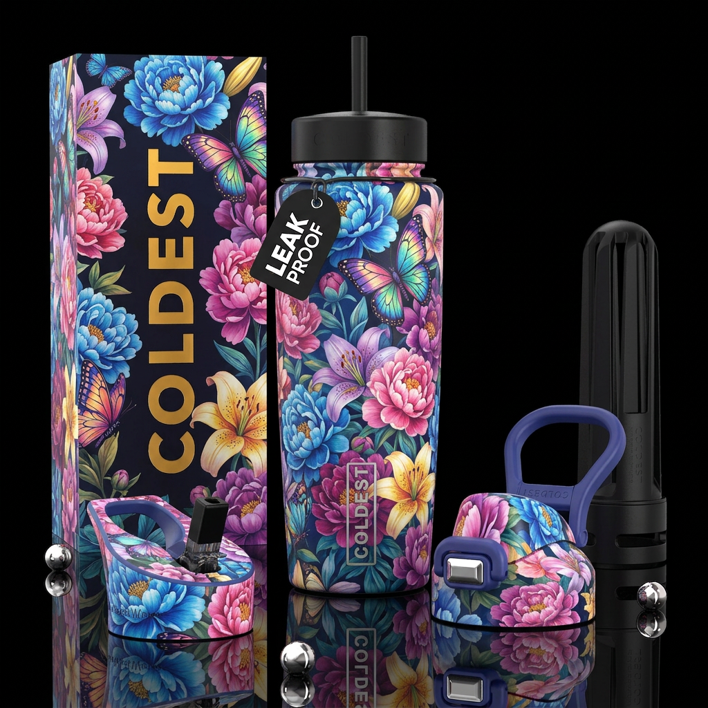 Peonies, lilies, and big butterflies water bottle design