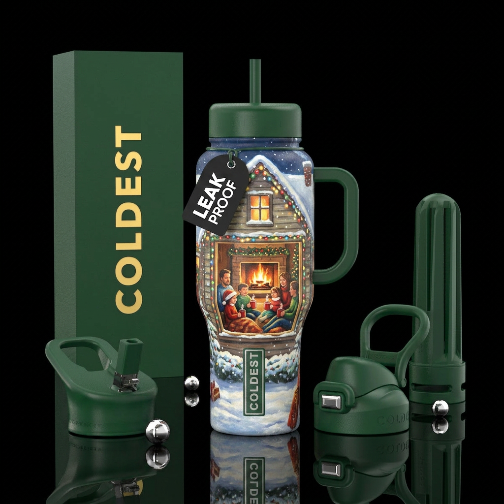A snowy house with Christmas lights, looking throu... water bottle design