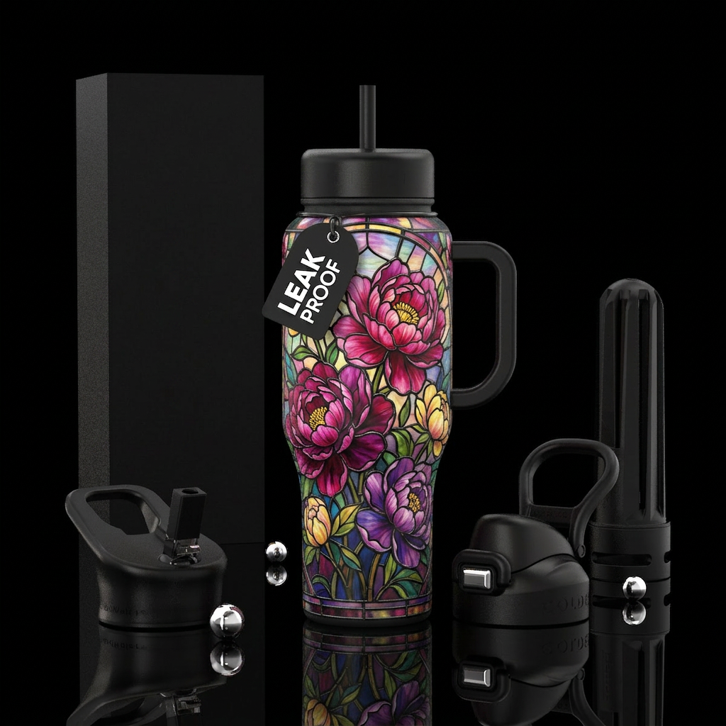 Peonie stained glass water bottle design