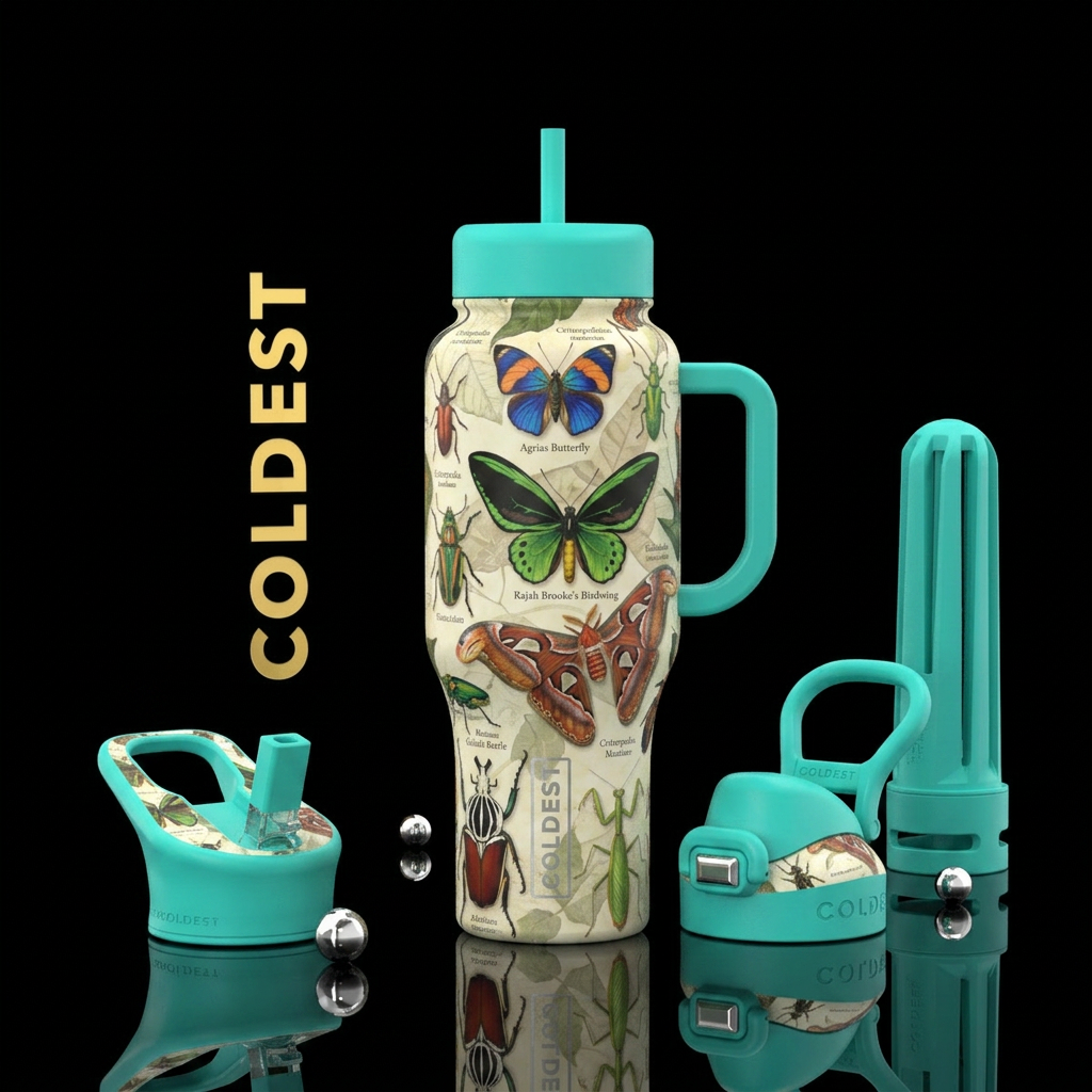 Animal crossing bug collection theme water bottle design