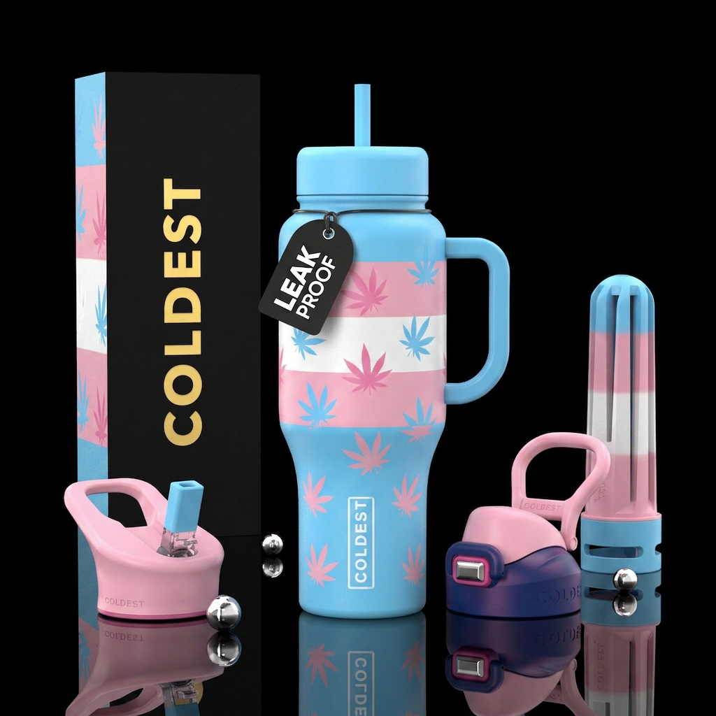 Trans pride with pot leafs water bottle design