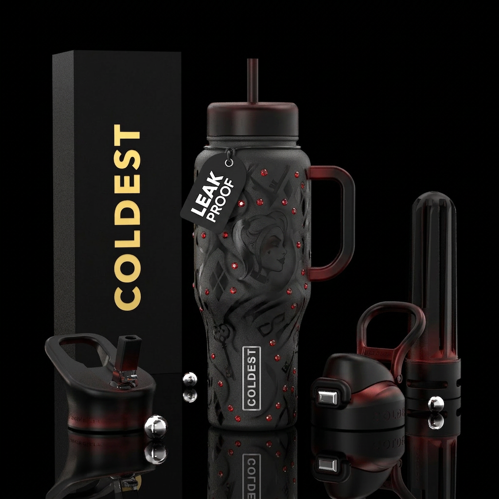 Metal airbrushed black with red jewels Harley Quin... water bottle design