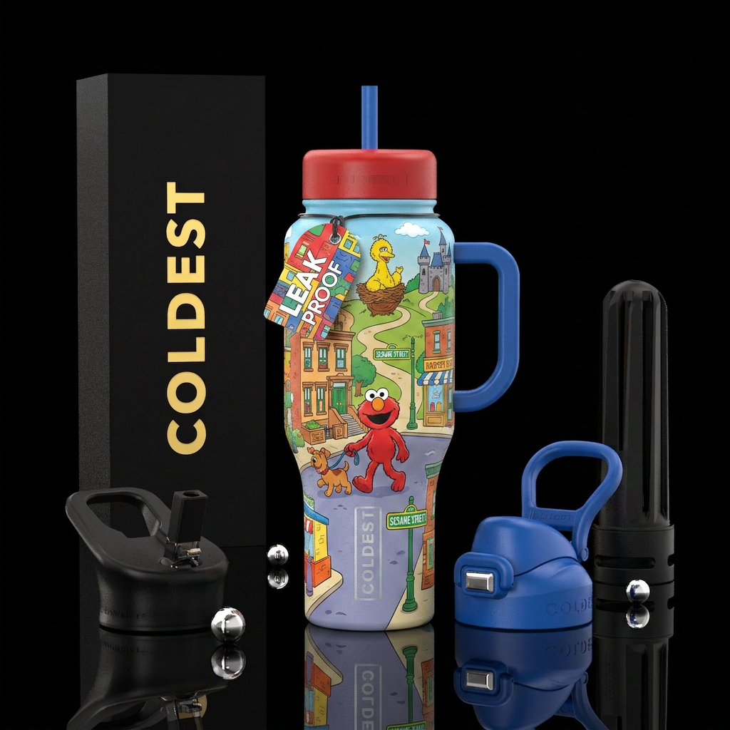 Map of Elmo walking his dog tango down sesame Stre... water bottle design