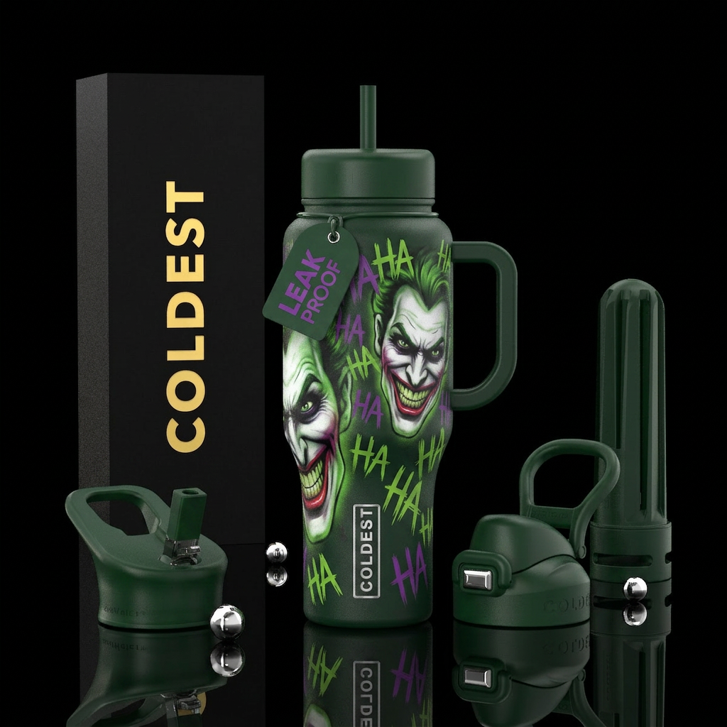 The laugh track black and green airbrushed joker water bottle design