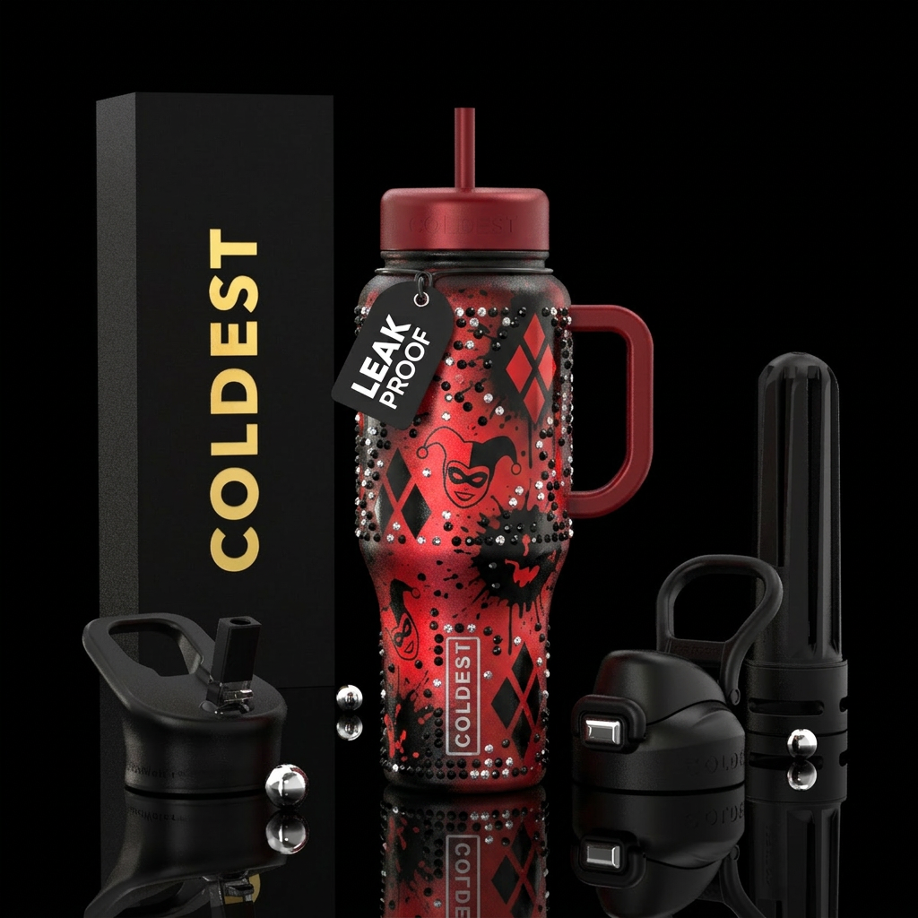 Bedazzled black and red airbrushed metal Harley Qu... water bottle design