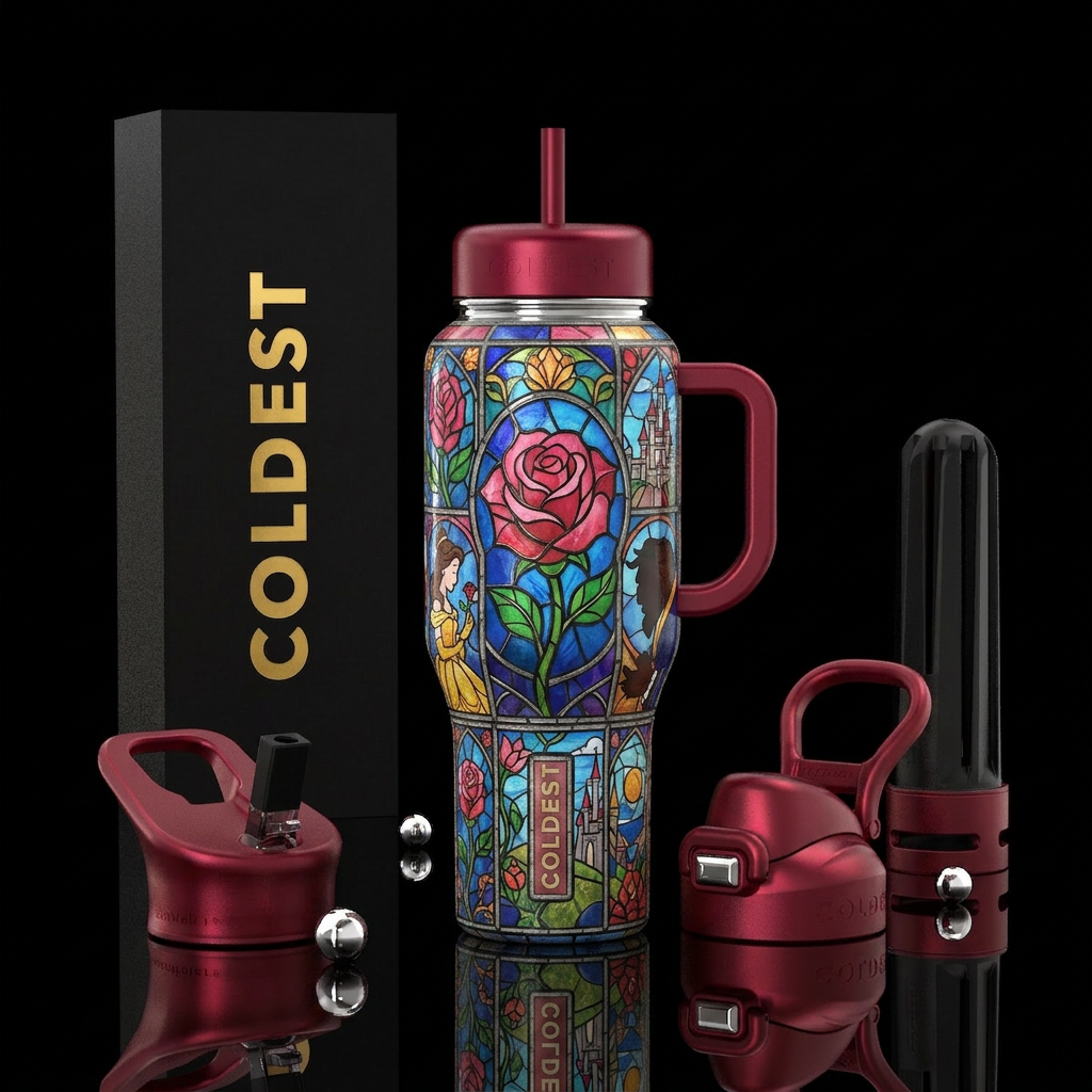 Beauty and the beast stain glass water bottle design