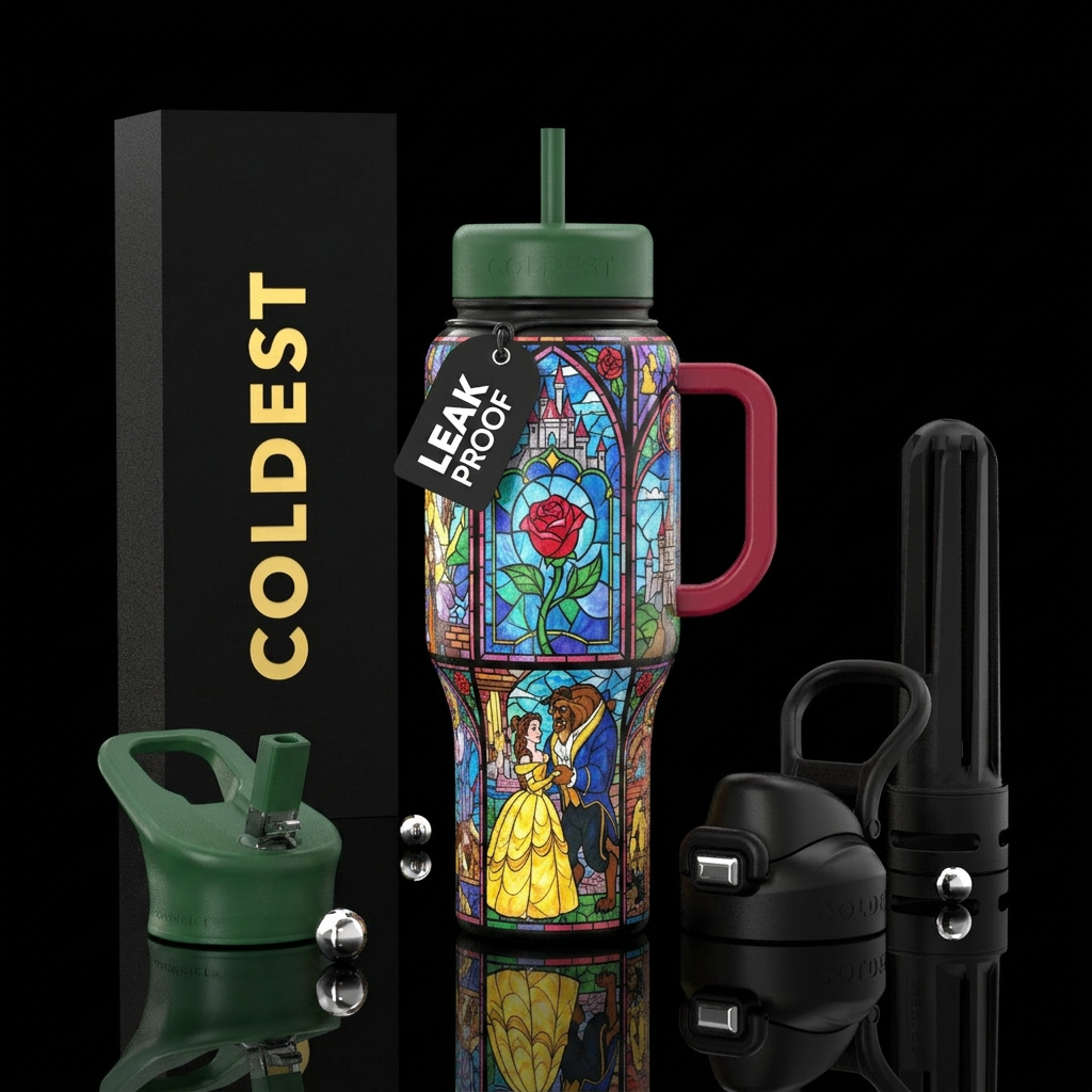 Beauty and the beast stain glass water bottle design