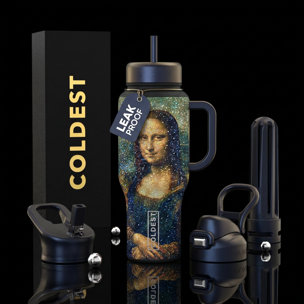 The mona Lisa sparkly water bottle design