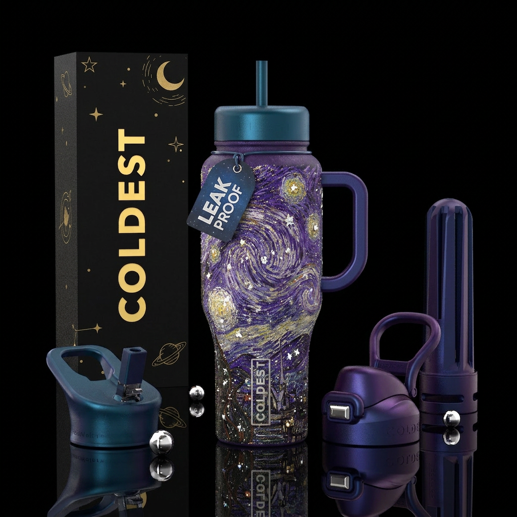 Starry night but the stars are sparkly water bottle design