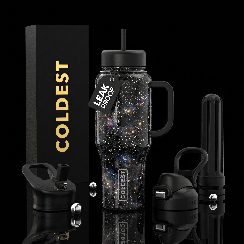 Black cat starry night sparkly water bottle design
