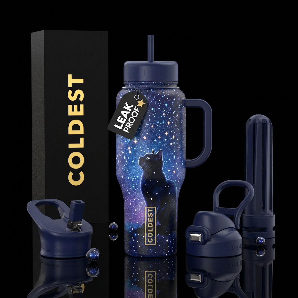 Black cat starry night sparkly water bottle design