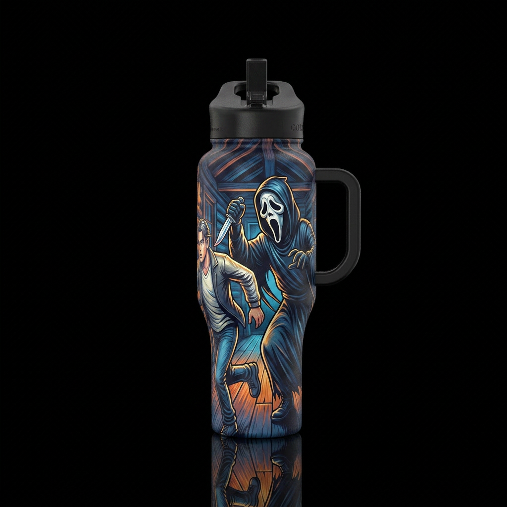 Ghostface chasing his first victim water bottle design