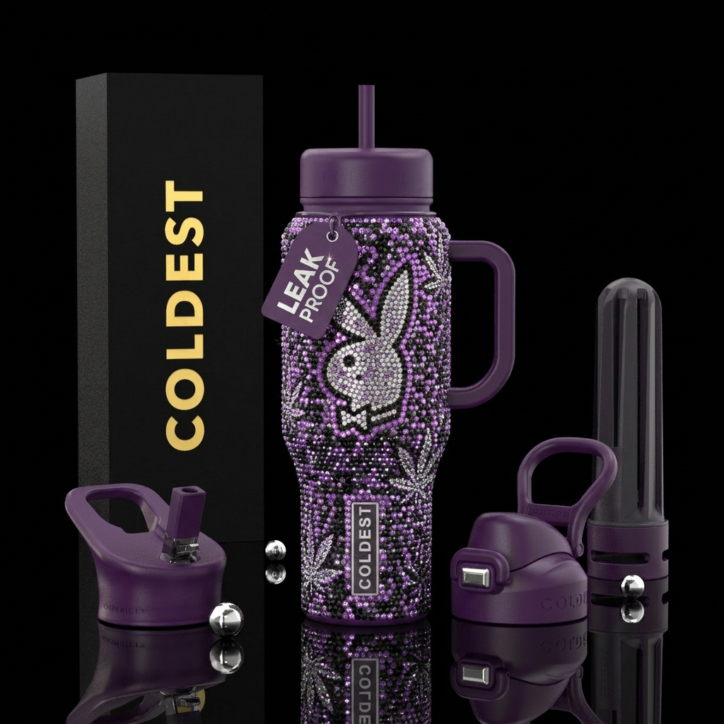 Purple and black Mary Jane Playboy bunny bedazzled water bottle design
