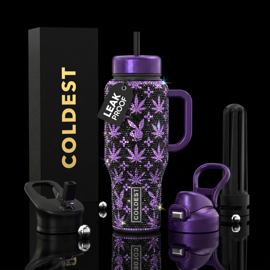 Purple and black Mary Jane Playboy bunny bedazzled water bottle design