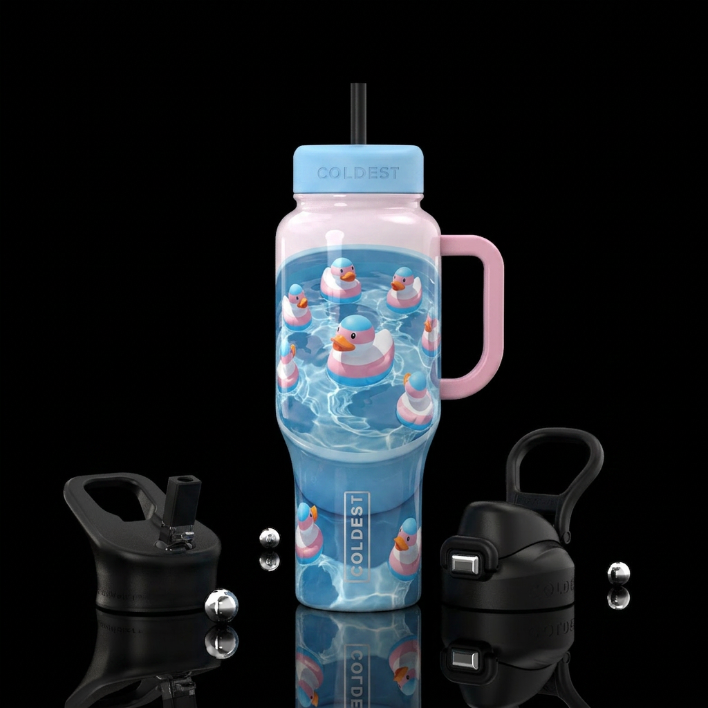 Trans flag ducks in a pool water bottle design