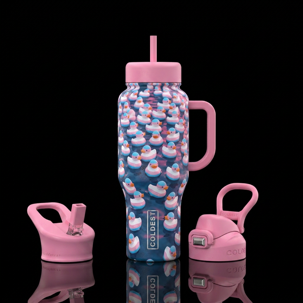 Trans flag ducks in a pool water bottle design