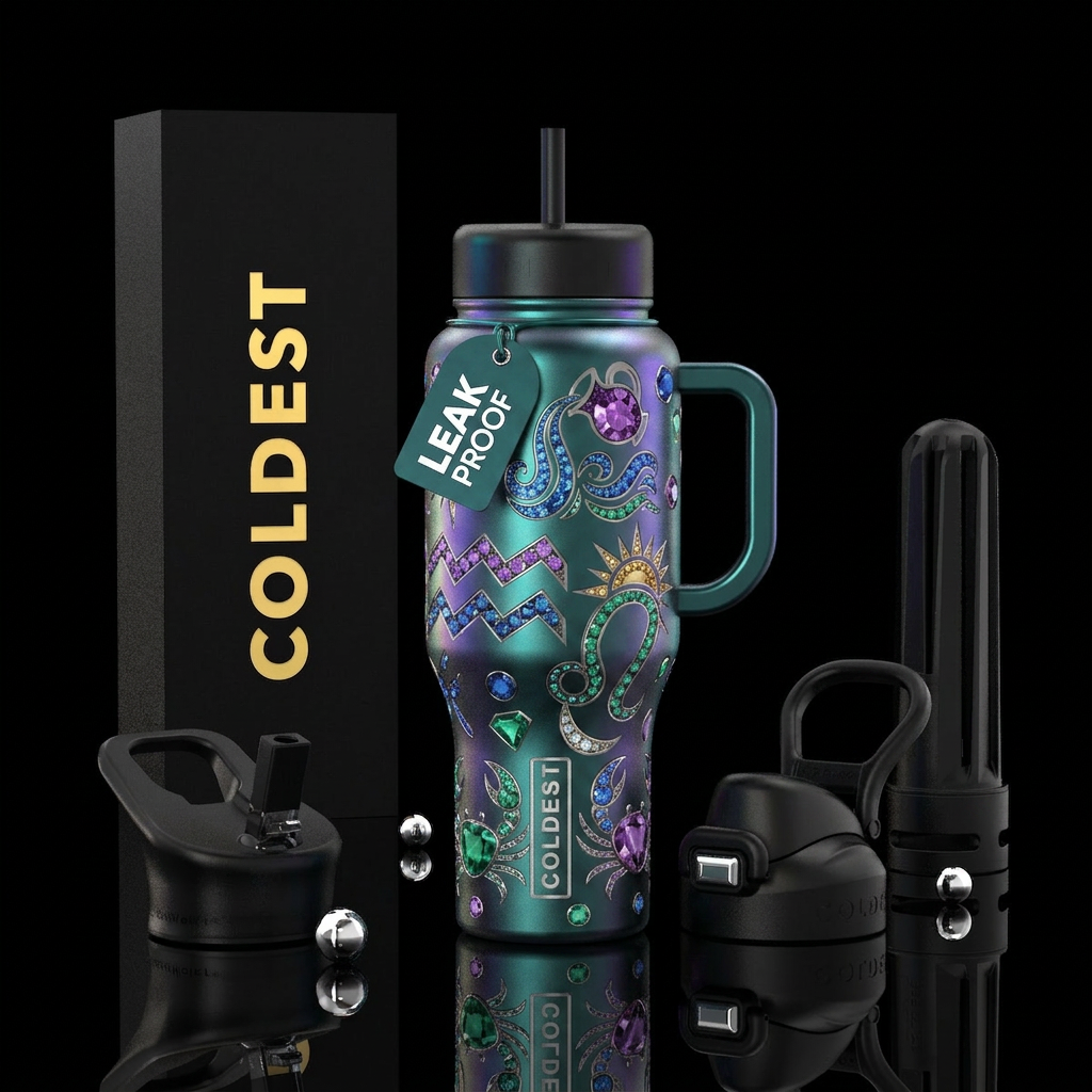 Aquarius, Leo and Cancer with gemstones water bottle design