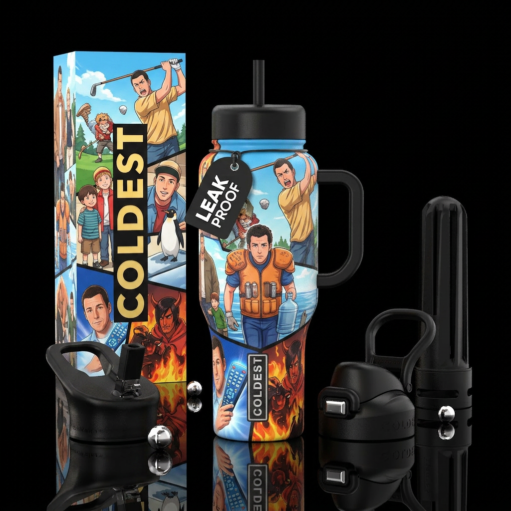 All of the funniest Adam sandler movies in anime water bottle design