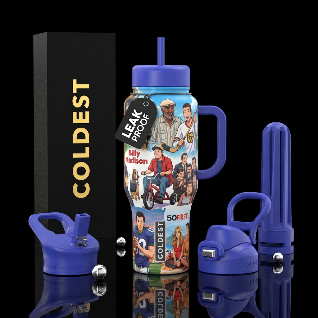 All of the funniest Adam sandler movies in anime water bottle design