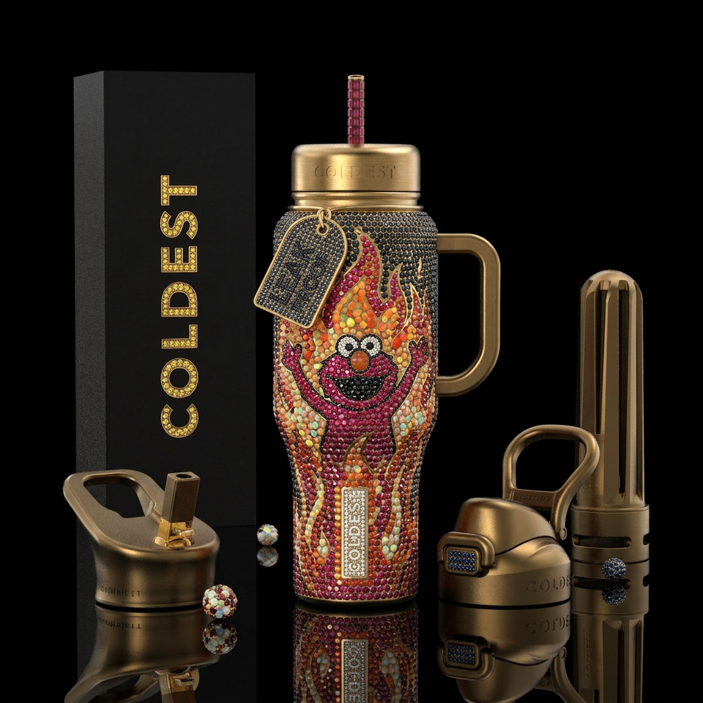 Elmo on fire meme but the cup is brass and the fir... water bottle design