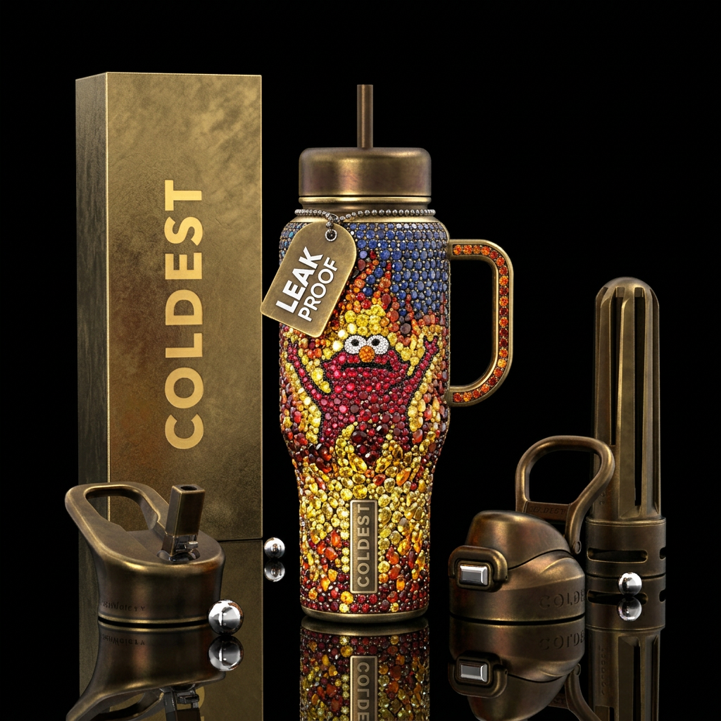 Elmo on fire meme but the cup is brass and the fir... water bottle design
