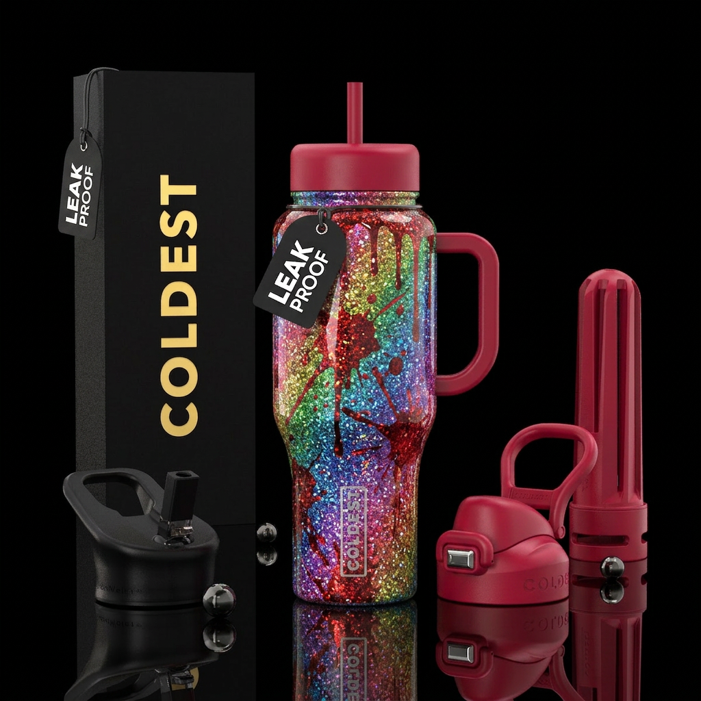 Rainbow glitter blood splatters horror water bottle design