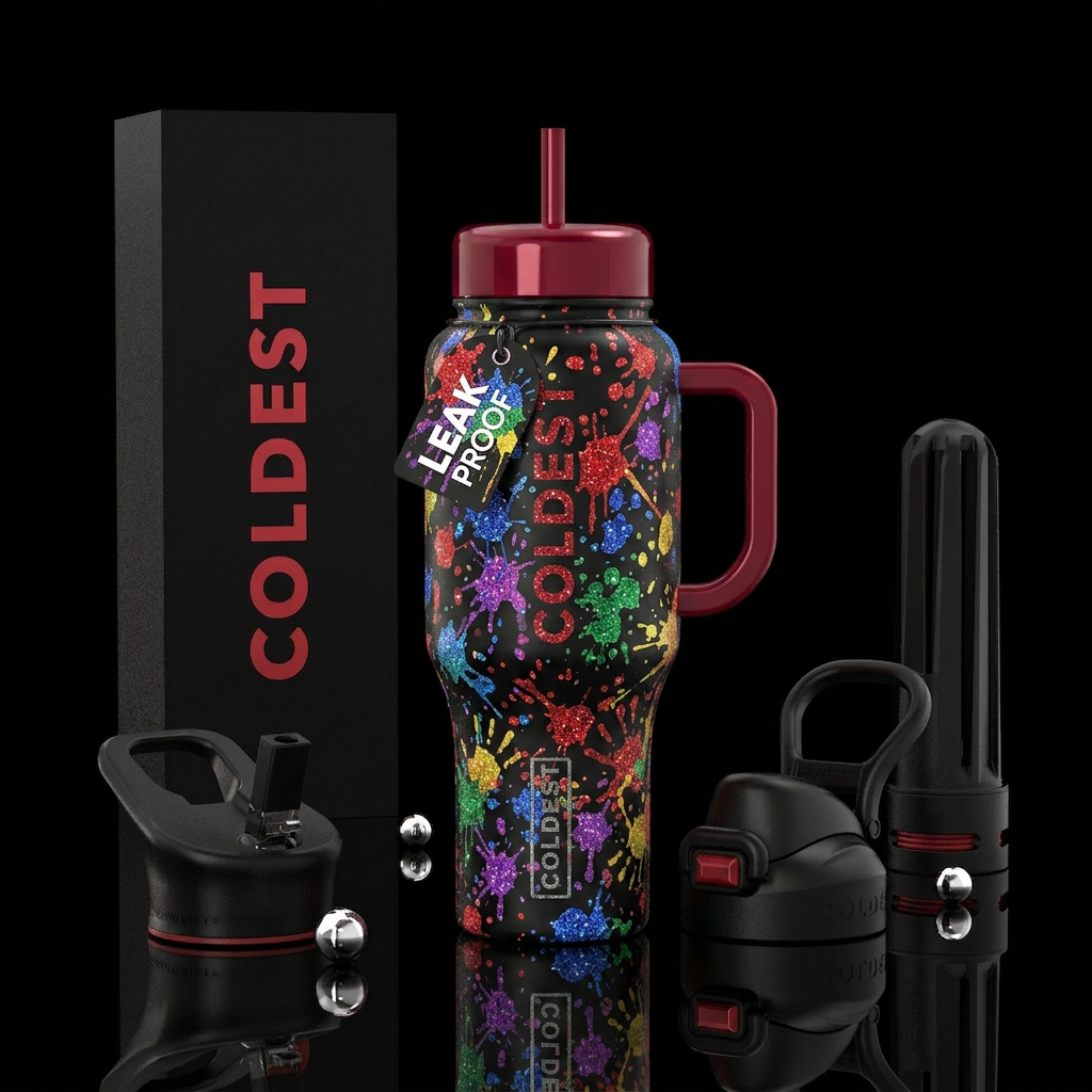 Rainbow glitter blood splatters horror water bottle design