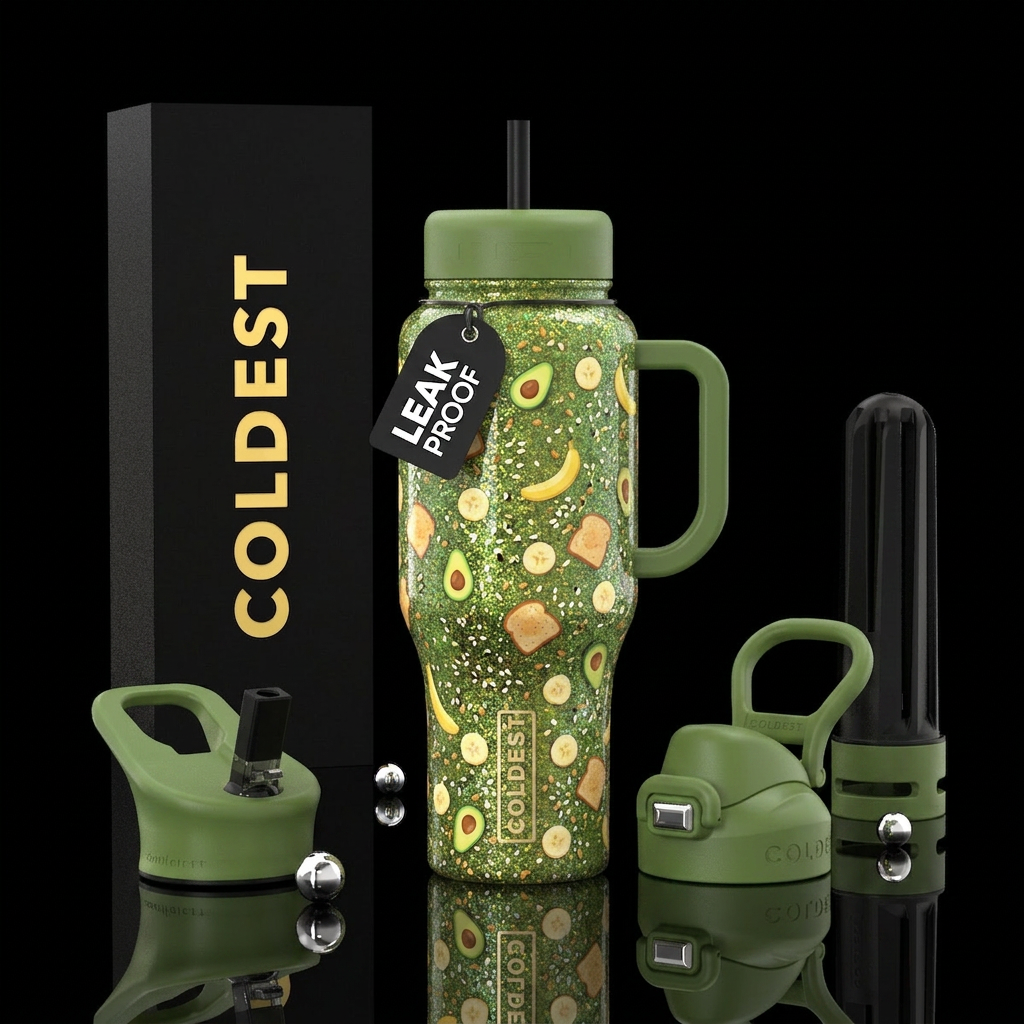 Avacado and banana toast glitter water bottle design