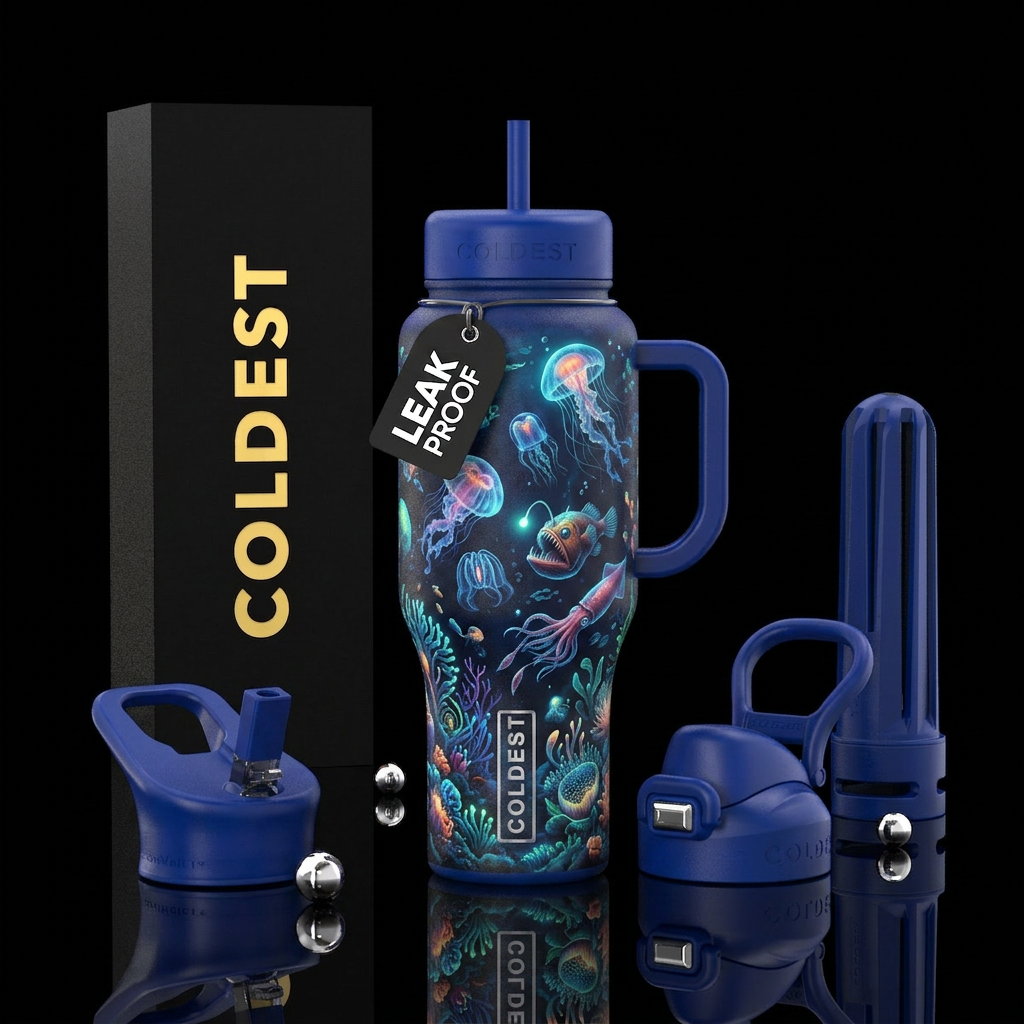 Creatures of the sea magestic glow in the dark water bottle design