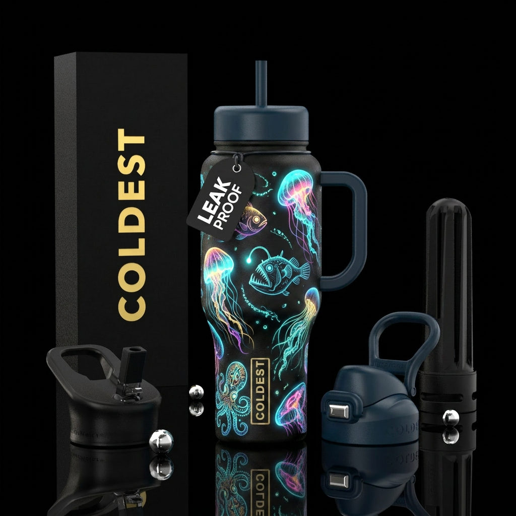 Creatures of the sea magestic glow in the dark water bottle design