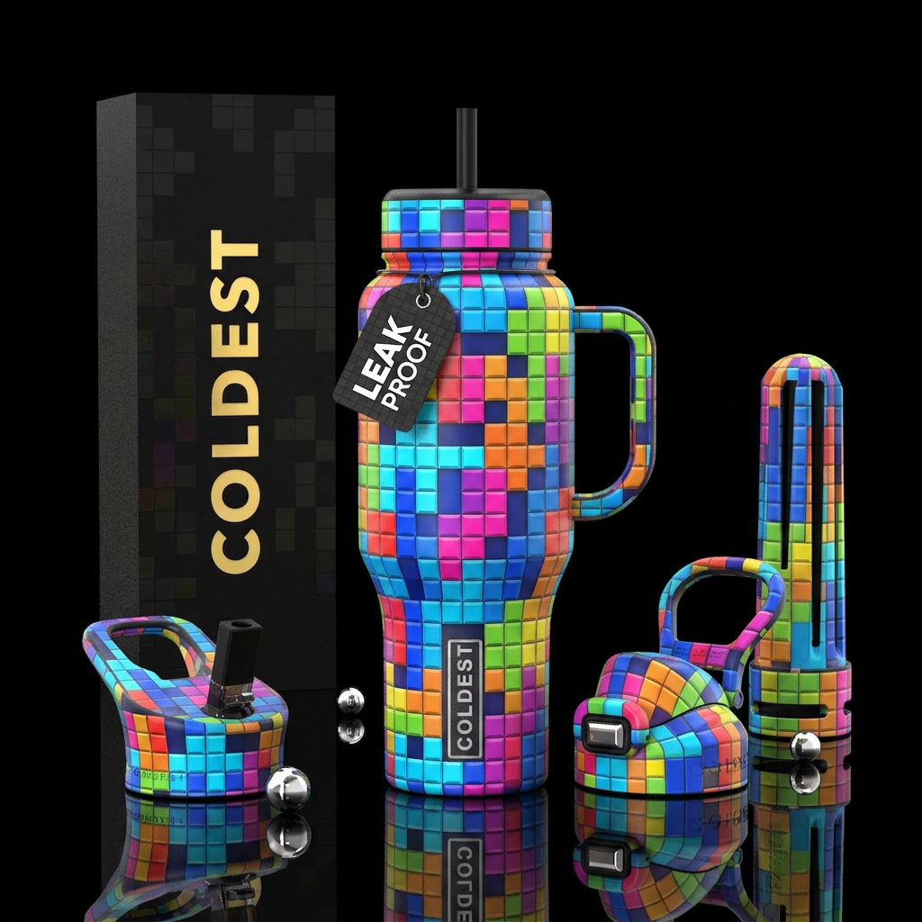 Pixel pop 3d vibe kinda like Tetris water bottle design