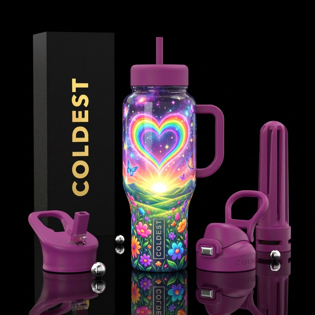Cosmic Heartrise rainbow water bottle design