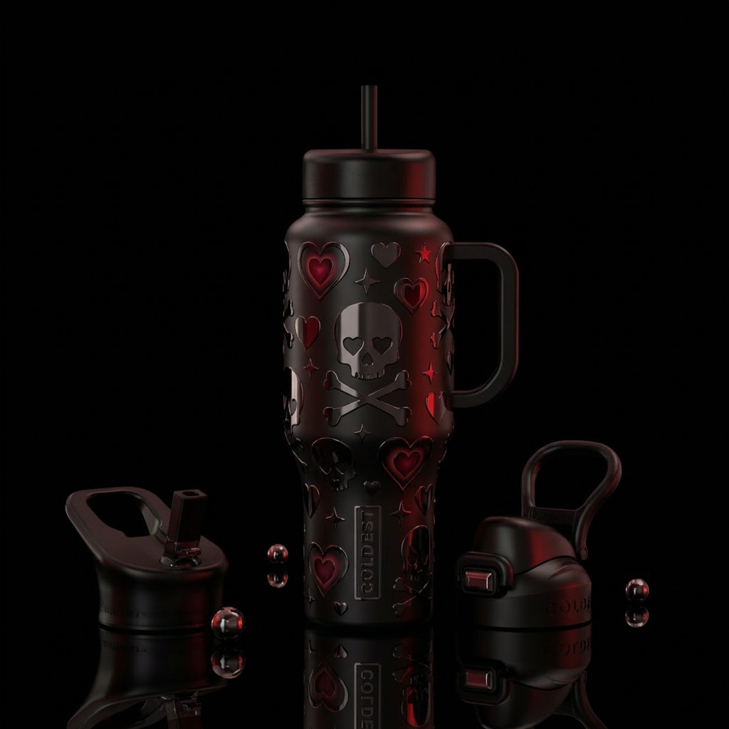 Love and bones “textured” skull water bottle design