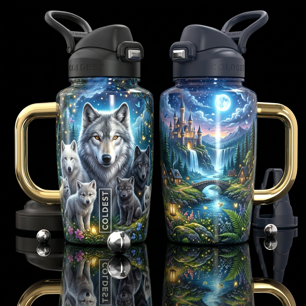 ULTRA-REALISTIC luxury fantasy wolf pack Coldest b... water bottle design