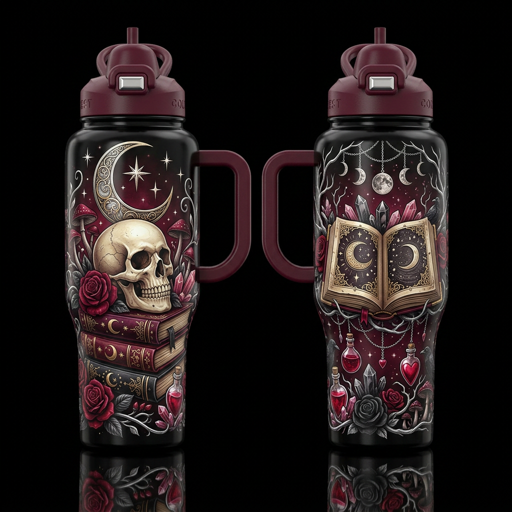 Ultra-realistic luxury gothic fantasy tumbler wrap... water bottle design