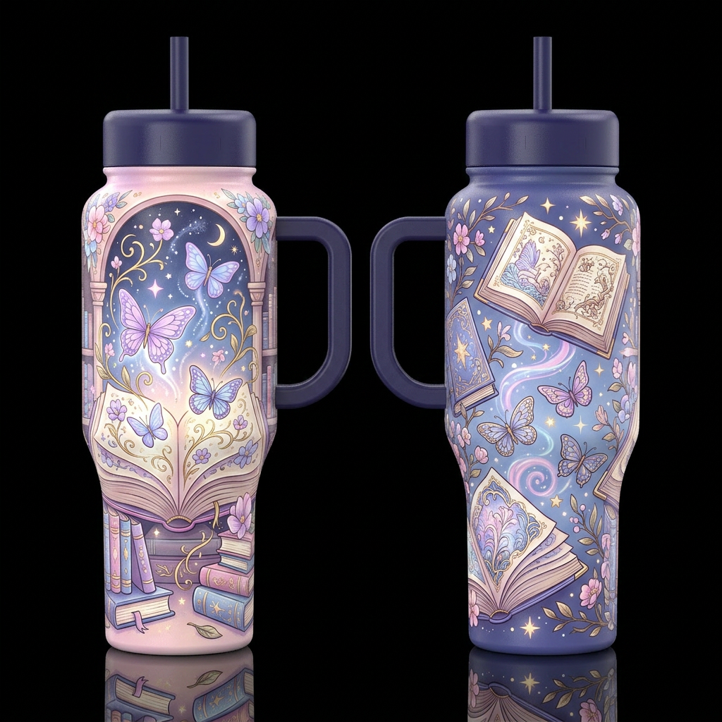 Fluttering Through Pages water bottle design