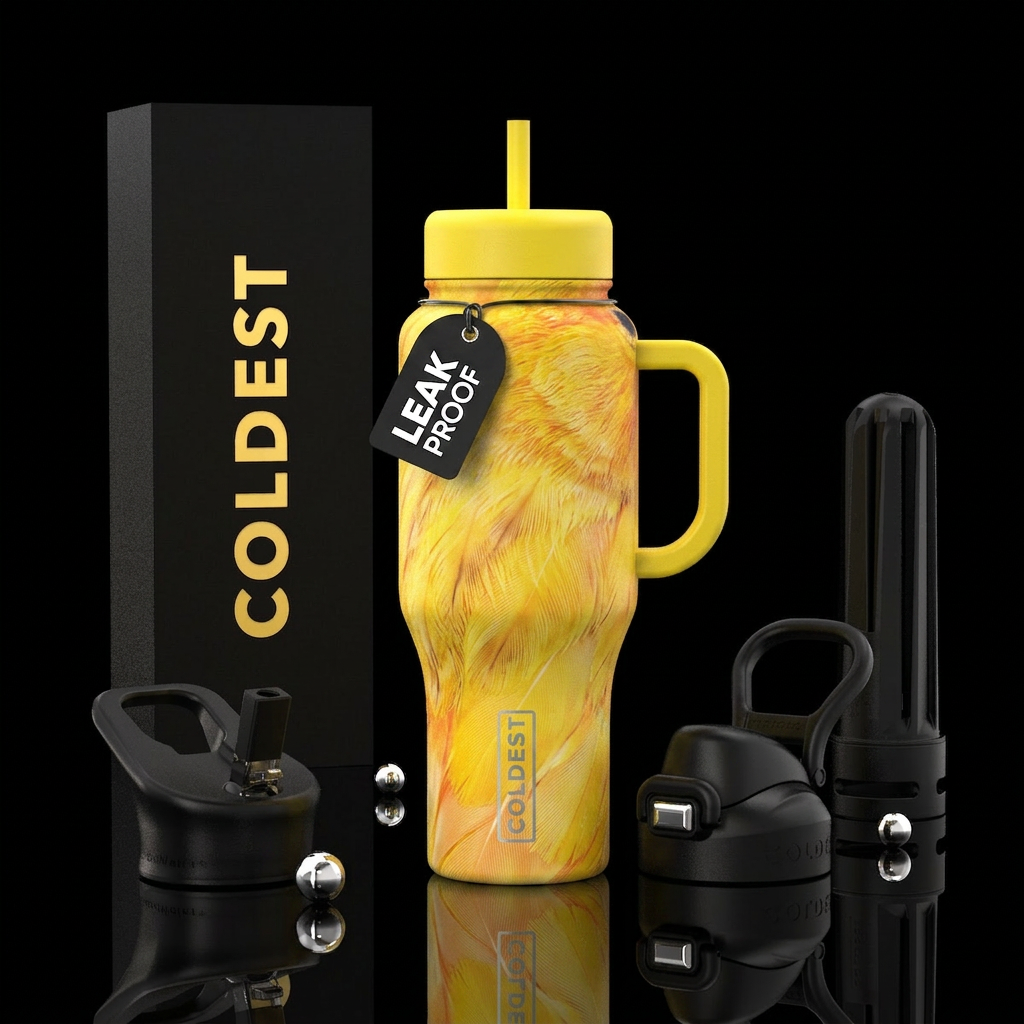 With Feathers Bright and Yellow water bottle design