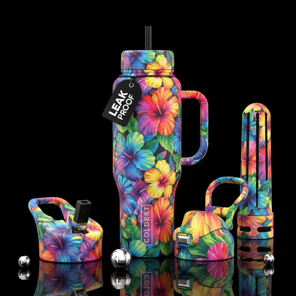 The Rainbow Hibiscus water bottle design