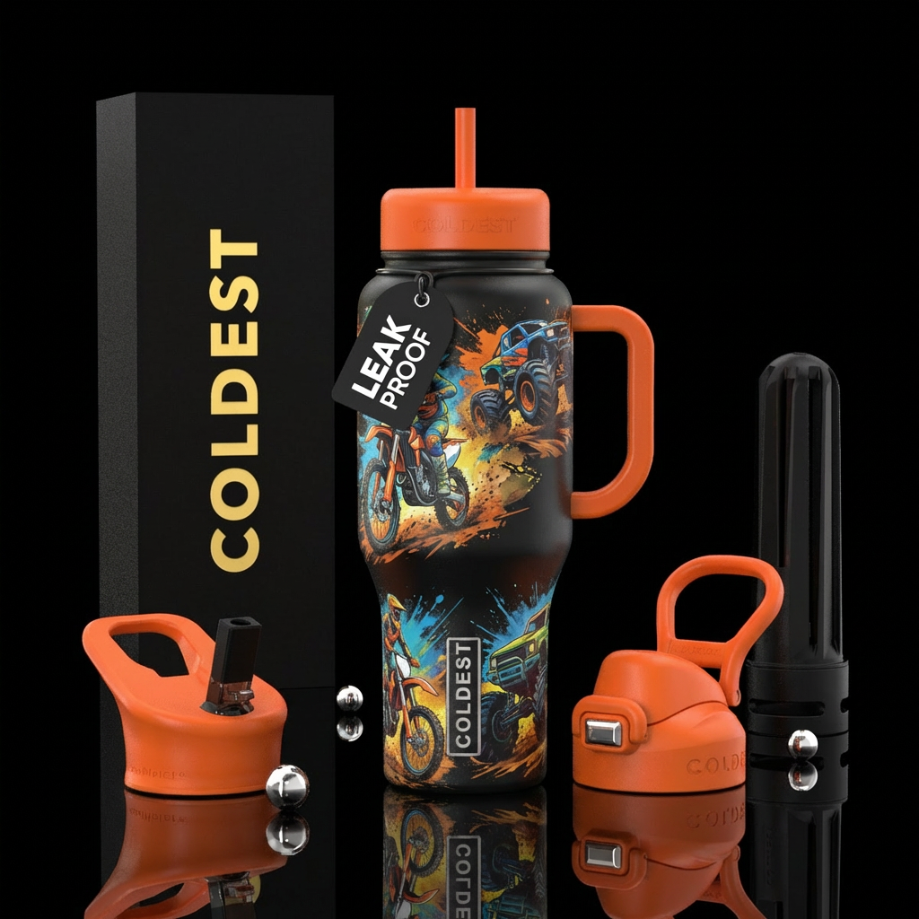 Dirt bikes, monster trucks, water bottle design