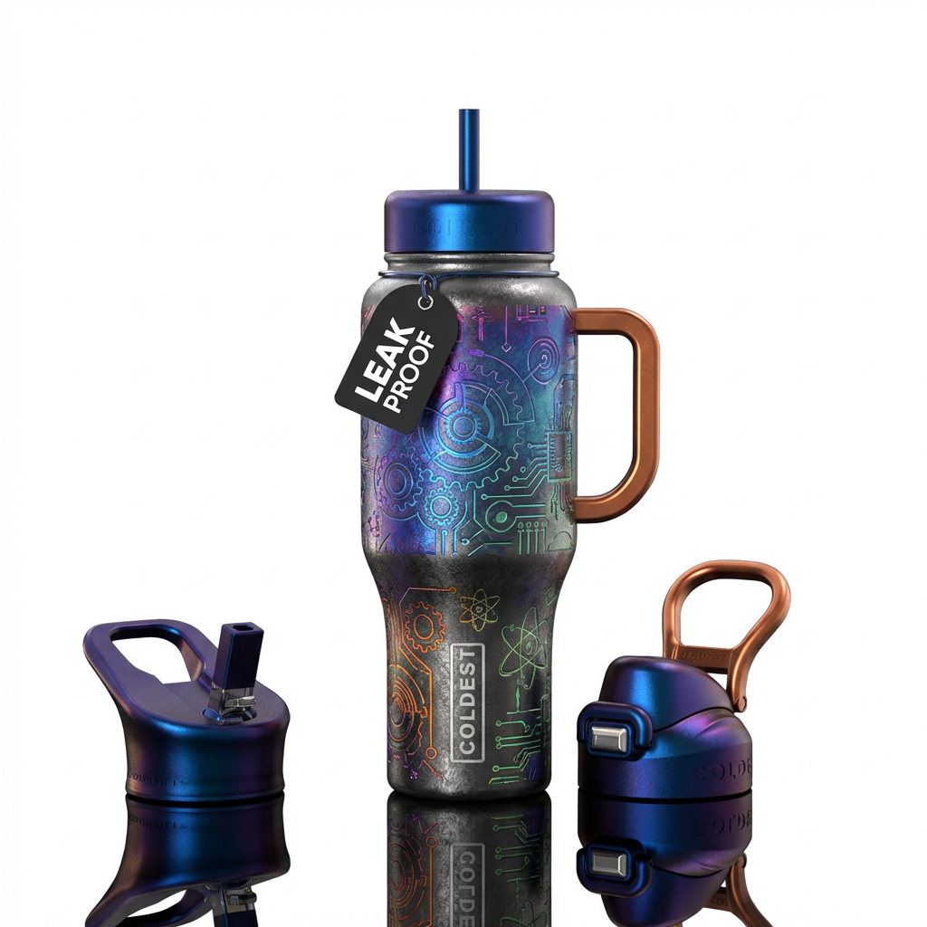 rugged, artistic, scientific water bottle design